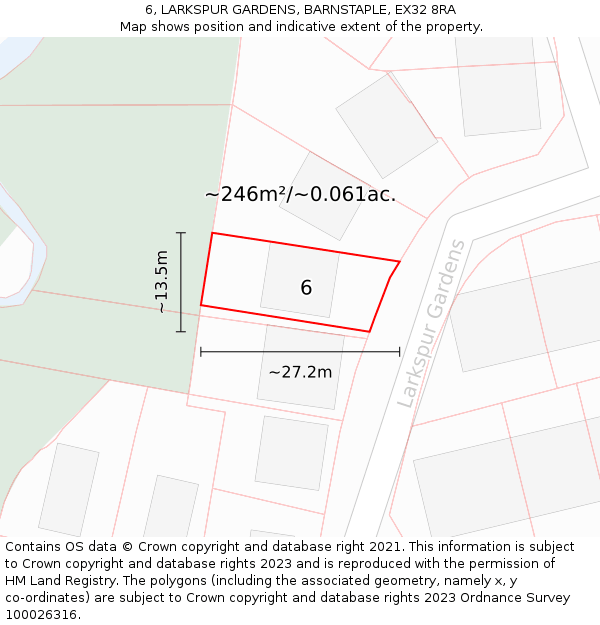 6, LARKSPUR GARDENS, BARNSTAPLE, EX32 8RA: Plot and title map