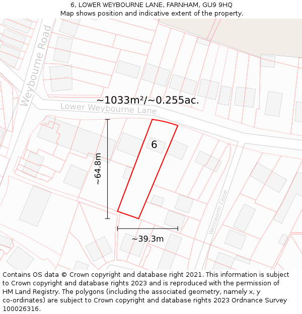 6, LOWER WEYBOURNE LANE, FARNHAM, GU9 9HQ: Plot and title map