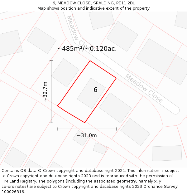 6, MEADOW CLOSE, SPALDING, PE11 2BL: Plot and title map