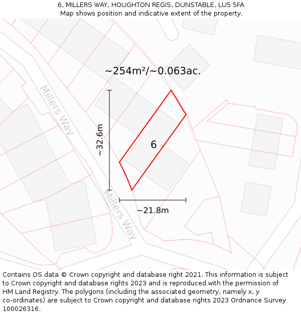 6, MILLERS WAY, HOUGHTON REGIS, DUNSTABLE, LU5 5FA: Plot and title map