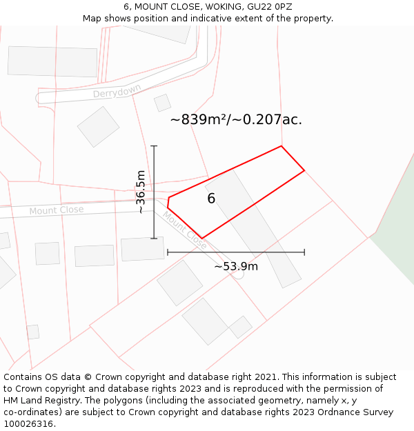 6, MOUNT CLOSE, WOKING, GU22 0PZ: Plot and title map