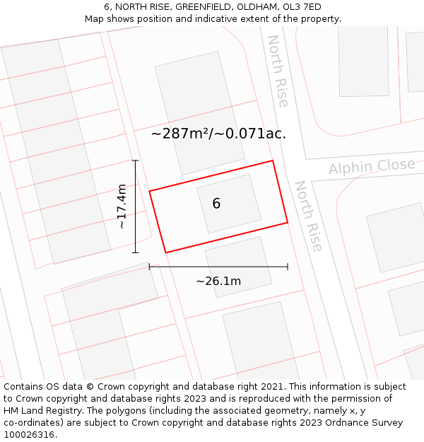 6, NORTH RISE, GREENFIELD, OLDHAM, OL3 7ED: Plot and title map