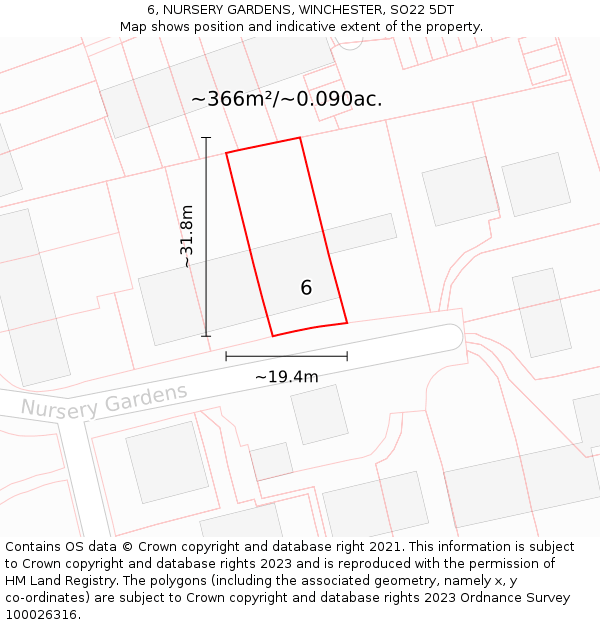 6, NURSERY GARDENS, WINCHESTER, SO22 5DT: Plot and title map