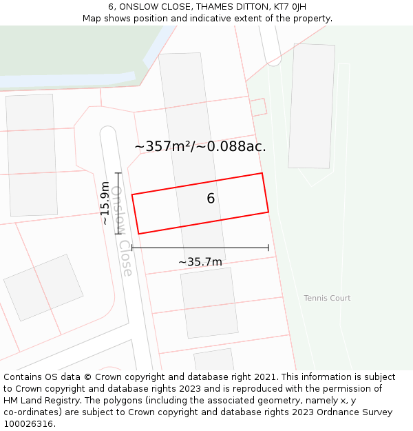 6, ONSLOW CLOSE, THAMES DITTON, KT7 0JH: Plot and title map