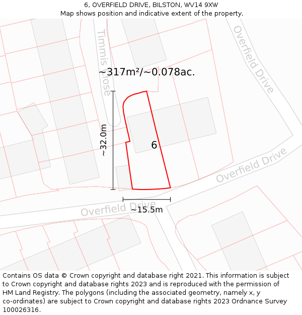 6, OVERFIELD DRIVE, BILSTON, WV14 9XW: Plot and title map