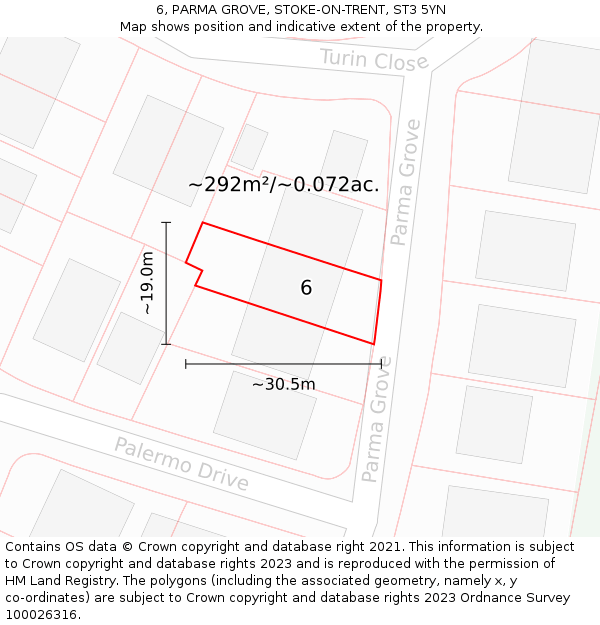 6, PARMA GROVE, STOKE-ON-TRENT, ST3 5YN: Plot and title map