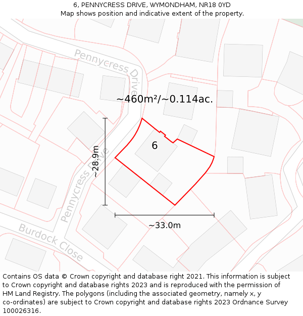 6, PENNYCRESS DRIVE, WYMONDHAM, NR18 0YD: Plot and title map