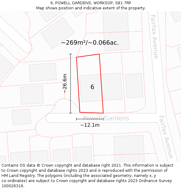 6, POWELL GARDENS, WORKSOP, S81 7RP: Plot and title map