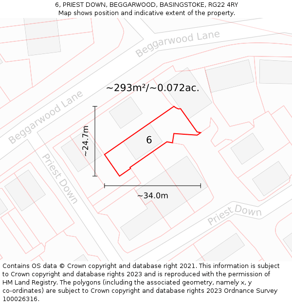 6, PRIEST DOWN, BEGGARWOOD, BASINGSTOKE, RG22 4RY: Plot and title map