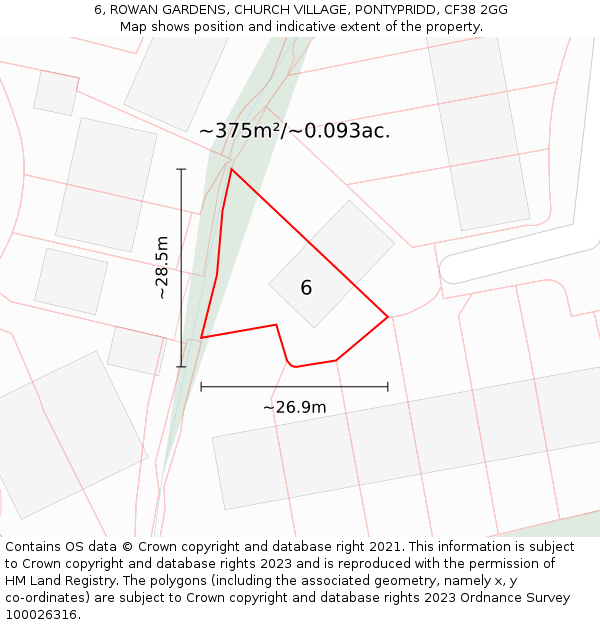 6, ROWAN GARDENS, CHURCH VILLAGE, PONTYPRIDD, CF38 2GG: Plot and title map