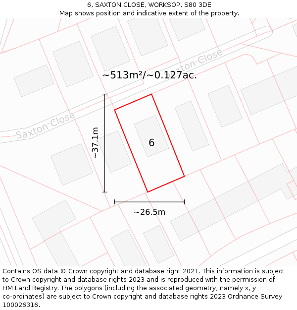 6, SAXTON CLOSE, WORKSOP, S80 3DE: Plot and title map