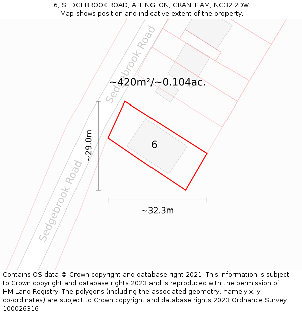 6, SEDGEBROOK ROAD, ALLINGTON, GRANTHAM, NG32 2DW: Plot and title map