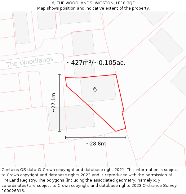 6, THE WOODLANDS, WIGSTON, LE18 3QE: Plot and title map