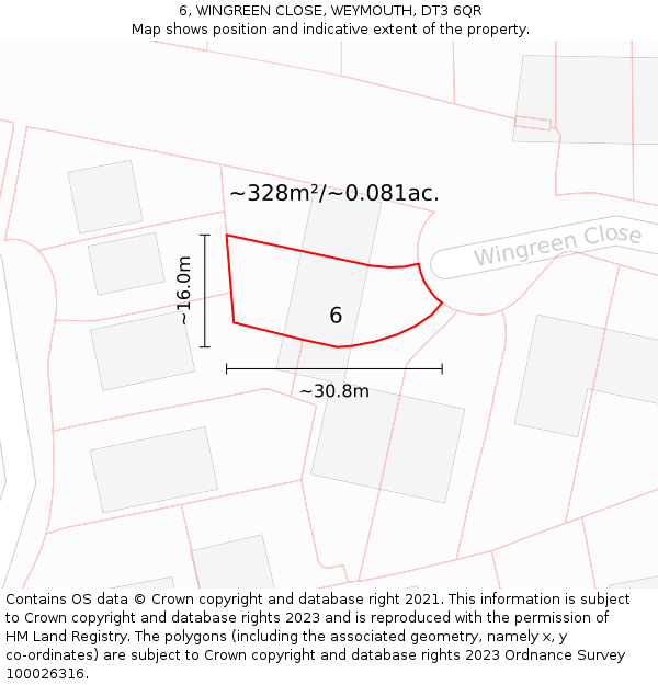 6, WINGREEN CLOSE, WEYMOUTH, DT3 6QR: Plot and title map