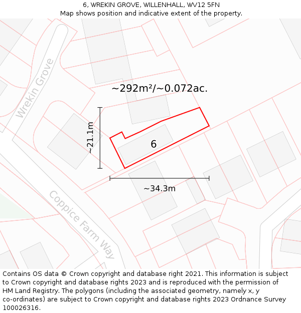 6, WREKIN GROVE, WILLENHALL, WV12 5FN: Plot and title map