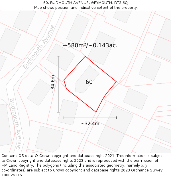 60, BUDMOUTH AVENUE, WEYMOUTH, DT3 6QJ: Plot and title map