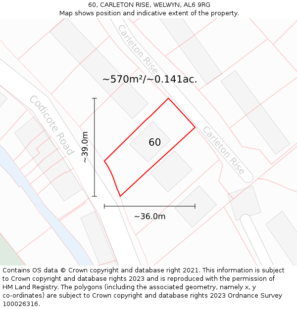 60, CARLETON RISE, WELWYN, AL6 9RG: Plot and title map