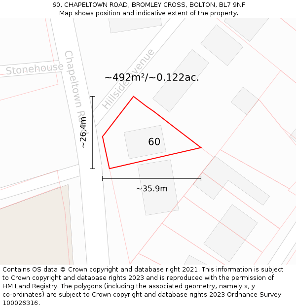 60, CHAPELTOWN ROAD, BROMLEY CROSS, BOLTON, BL7 9NF: Plot and title map
