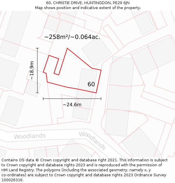 60, CHRISTIE DRIVE, HUNTINGDON, PE29 6JN: Plot and title map