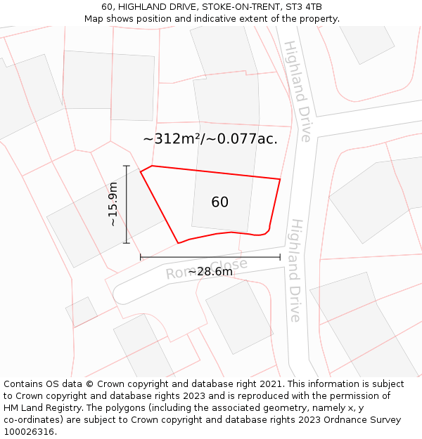 60, HIGHLAND DRIVE, STOKE-ON-TRENT, ST3 4TB: Plot and title map