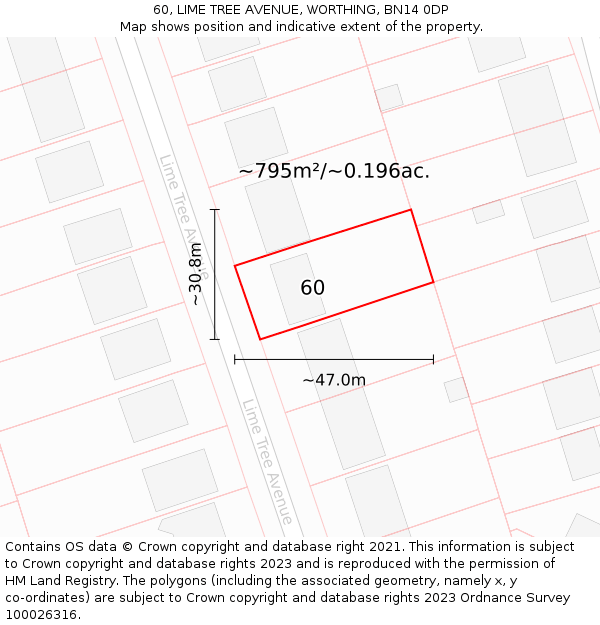 60, LIME TREE AVENUE, WORTHING, BN14 0DP: Plot and title map