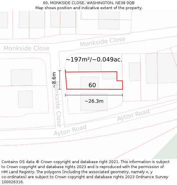 60, MONKSIDE CLOSE, WASHINGTON, NE38 0QB: Plot and title map