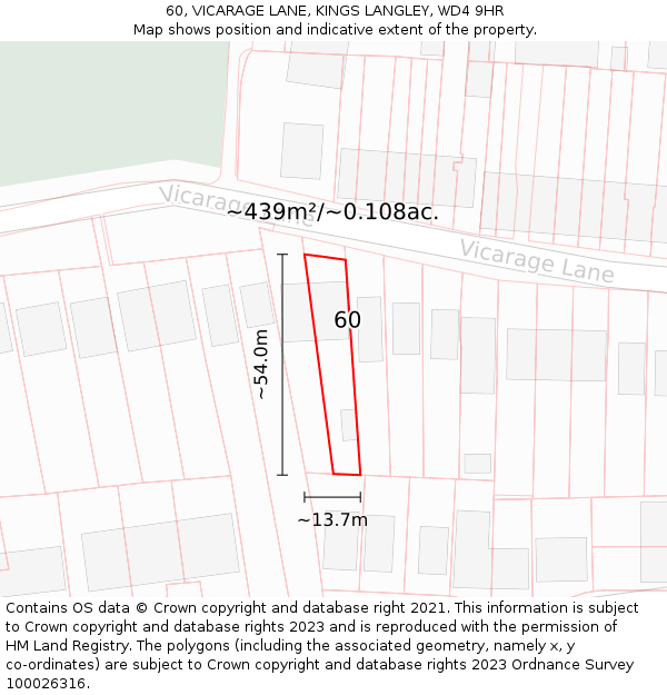 60, VICARAGE LANE, KINGS LANGLEY, WD4 9HR: Plot and title map