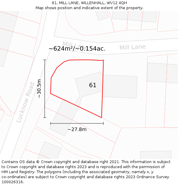 61, MILL LANE, WILLENHALL, WV12 4QH: Plot and title map