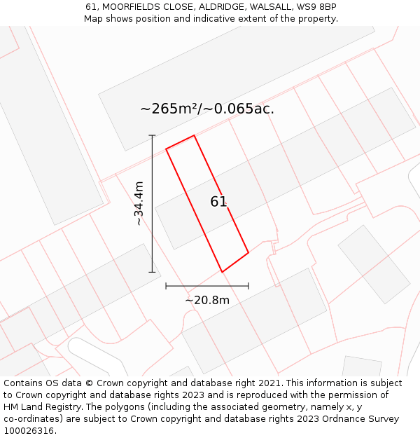 61, MOORFIELDS CLOSE, ALDRIDGE, WALSALL, WS9 8BP: Plot and title map