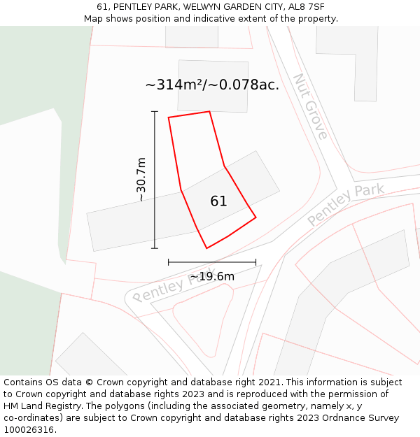 61, PENTLEY PARK, WELWYN GARDEN CITY, AL8 7SF: Plot and title map