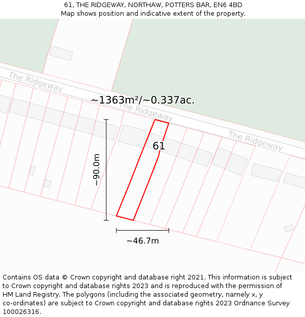 61, THE RIDGEWAY, NORTHAW, POTTERS BAR, EN6 4BD: Plot and title map