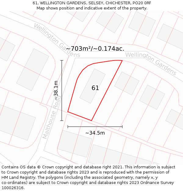 61, WELLINGTON GARDENS, SELSEY, CHICHESTER, PO20 0RF: Plot and title map