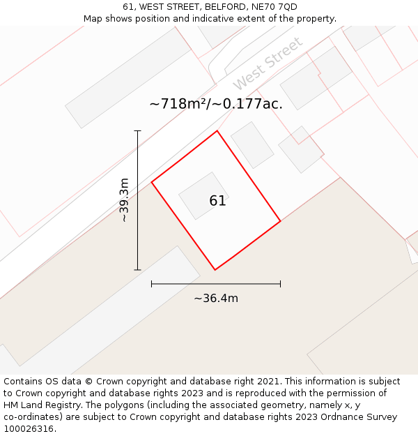 61, WEST STREET, BELFORD, NE70 7QD: Plot and title map