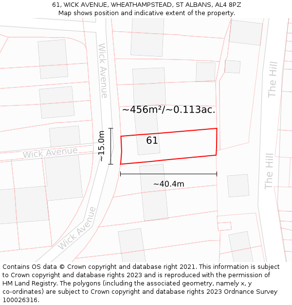 61, WICK AVENUE, WHEATHAMPSTEAD, ST ALBANS, AL4 8PZ: Plot and title map