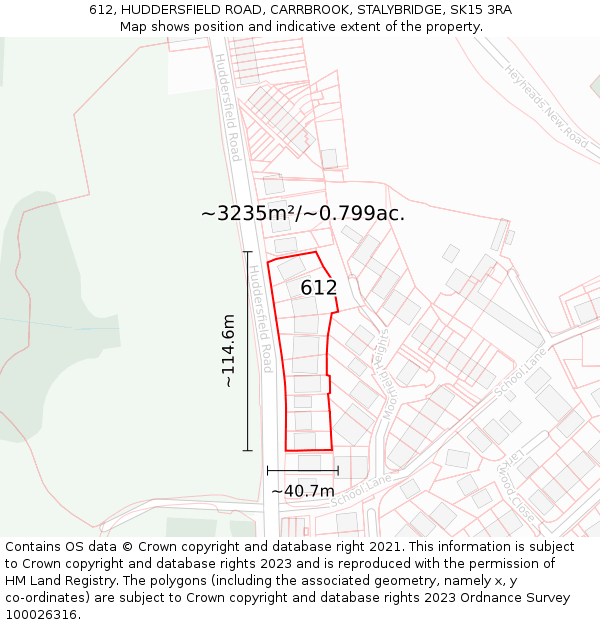 612, HUDDERSFIELD ROAD, CARRBROOK, STALYBRIDGE, SK15 3RA: Plot and title map