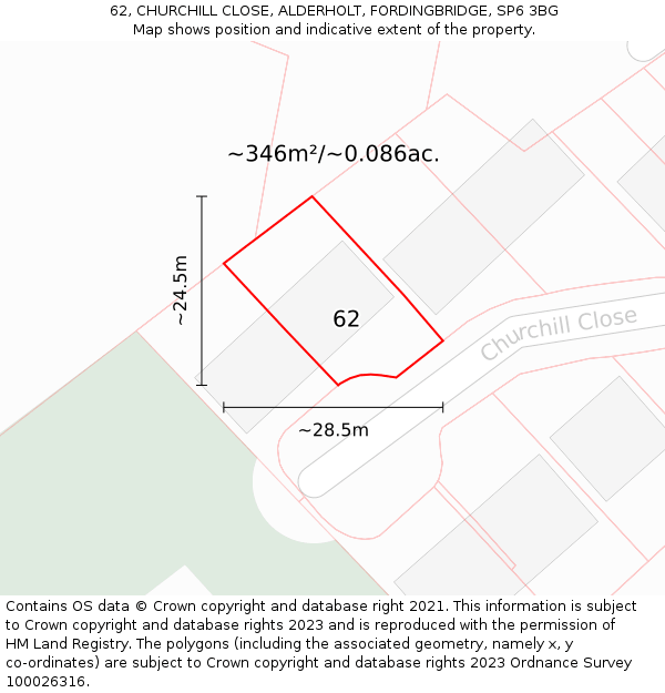 62, CHURCHILL CLOSE, ALDERHOLT, FORDINGBRIDGE, SP6 3BG: Plot and title map