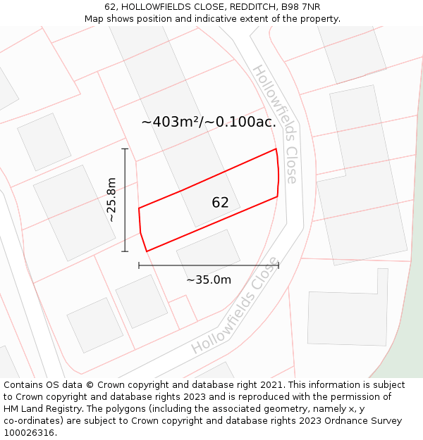 62, HOLLOWFIELDS CLOSE, REDDITCH, B98 7NR: Plot and title map