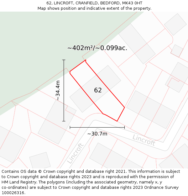 62, LINCROFT, CRANFIELD, BEDFORD, MK43 0HT: Plot and title map