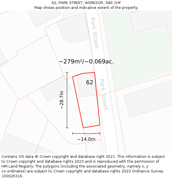 62, PARK STREET, WORKSOP, S80 1HF: Plot and title map