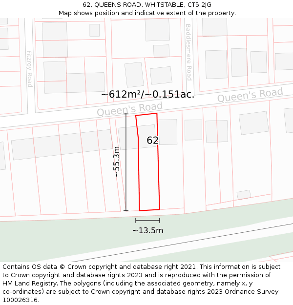 62, QUEENS ROAD, WHITSTABLE, CT5 2JG: Plot and title map