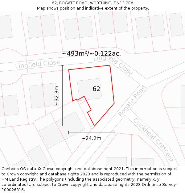 62, ROGATE ROAD, WORTHING, BN13 2EA: Plot and title map