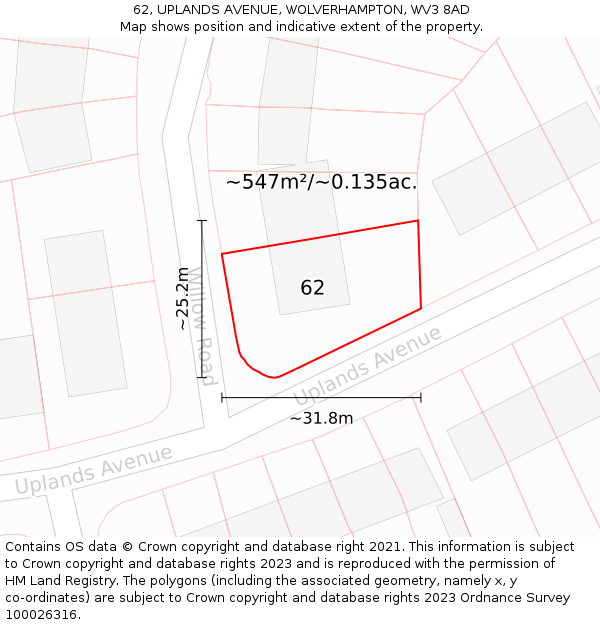 62, UPLANDS AVENUE, WOLVERHAMPTON, WV3 8AD: Plot and title map