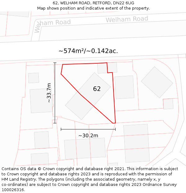 62, WELHAM ROAD, RETFORD, DN22 6UG: Plot and title map