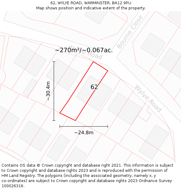 62, WYLYE ROAD, WARMINSTER, BA12 9PU: Plot and title map