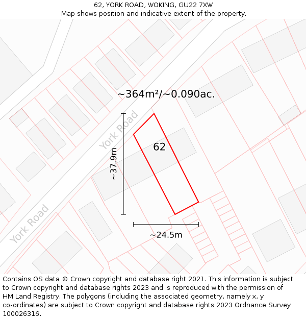 62, YORK ROAD, WOKING, GU22 7XW: Plot and title map