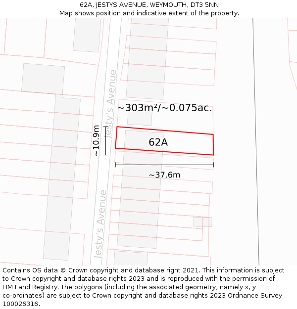 62A, JESTYS AVENUE, WEYMOUTH, DT3 5NN: Plot and title map