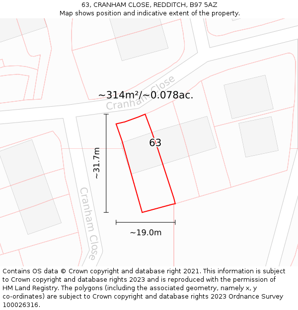 63, CRANHAM CLOSE, REDDITCH, B97 5AZ: Plot and title map