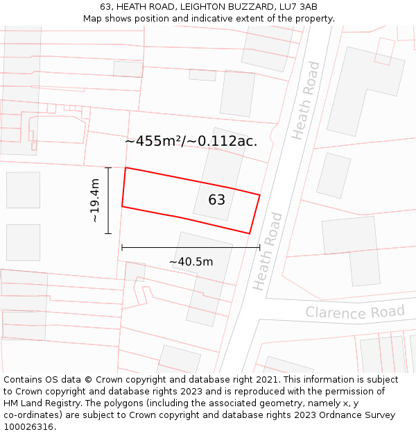 63, HEATH ROAD, LEIGHTON BUZZARD, LU7 3AB: Plot and title map