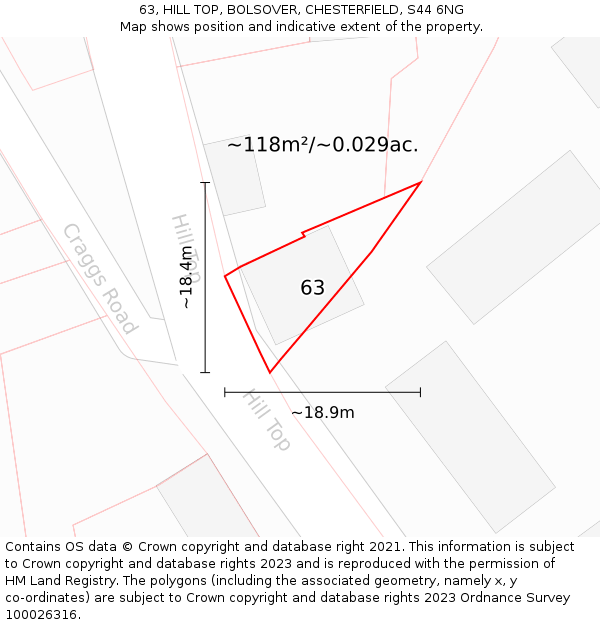 63, HILL TOP, BOLSOVER, CHESTERFIELD, S44 6NG: Plot and title map