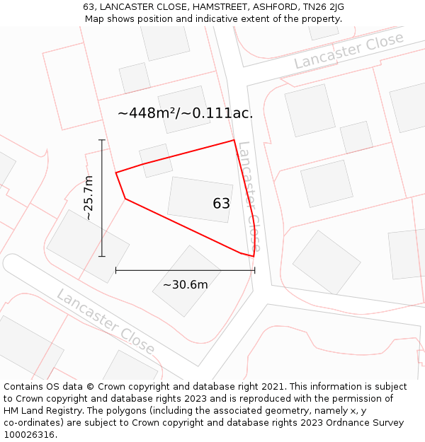 63, LANCASTER CLOSE, HAMSTREET, ASHFORD, TN26 2JG: Plot and title map
